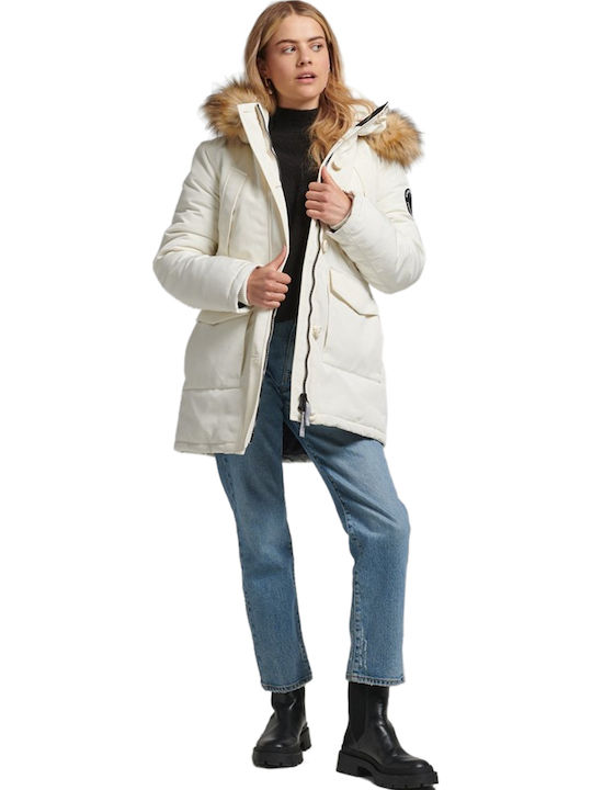 Everest Lang Damen Parka Jacke mit pelziger Kapuze für Winter Weiß