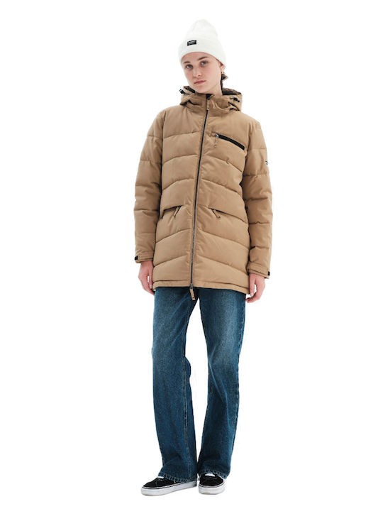 Women's Long Puffer Jacket for Winter with Hood Beige
