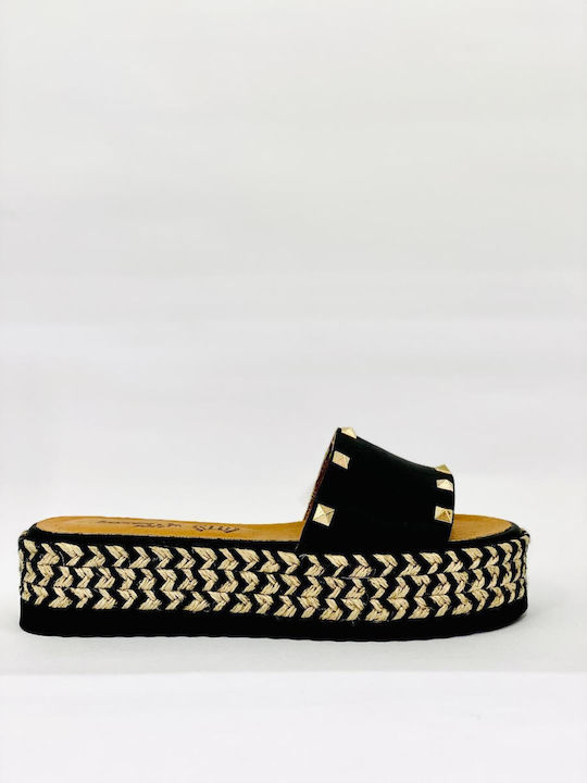 Leather Women's Flat Sandals Flatforms in Black Color