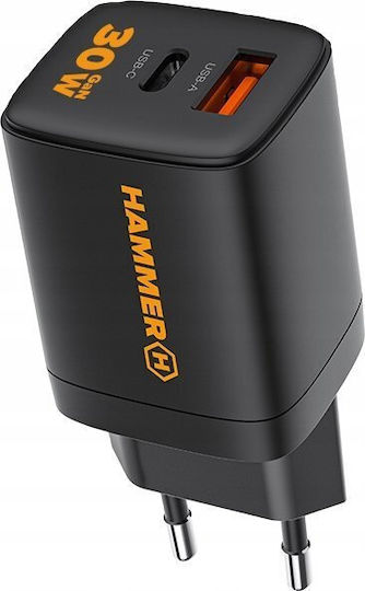Hammer Φορτιστής Χωρίς Καλώδιο με Θύρα USB-A και Θύρα USB-C 30W Power Delivery Μαύρος (RapidCharge Duo)