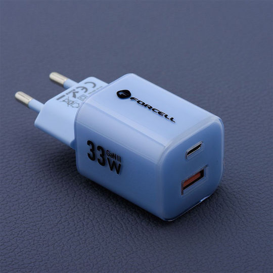 Forcell Charger GaN with USB-A Port and USB-C Port and Cable USB-C - USB-C 33W Power Delivery / Quick Charge 4.0 Blue (F-Energy VT-41)