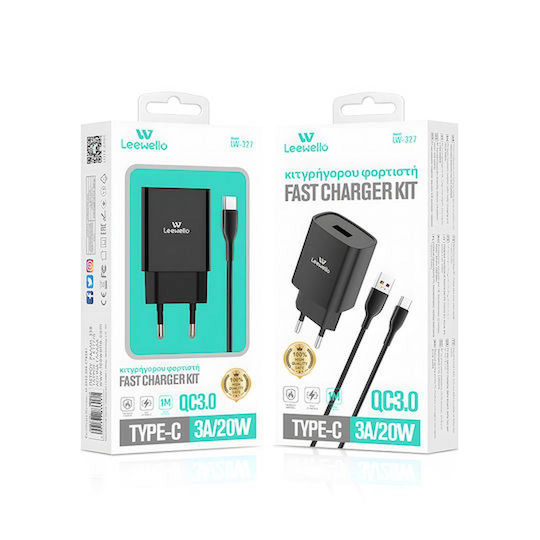 Leewello Încărcător cu Port USB-A și Cablu USB-C 20W Quick Charge 3.0 Negruς (LW-327)