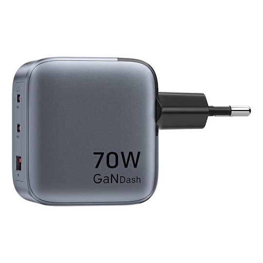 Vention Φορτιστής Χωρίς Καλώδιο GaN με Θύρα USB-A και 2 Θύρες USB-C 70W Power Delivery Γκρι (FEXH0-EU)