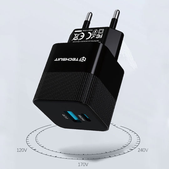 Techsuit Charger Without Cable GaN with USB-A Port and USB-C Port 25W Power Delivery / Quick Charge 3.0 Whites (CHPD216)