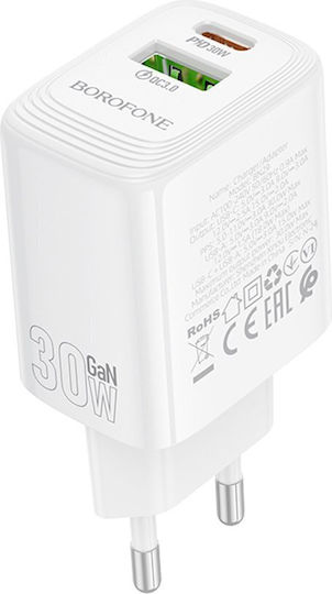Borofone Charger Without Cable GaN with USB-A Port and USB-C Port 30W Power Delivery / Quick Charge 3.0 Whites (BN29)