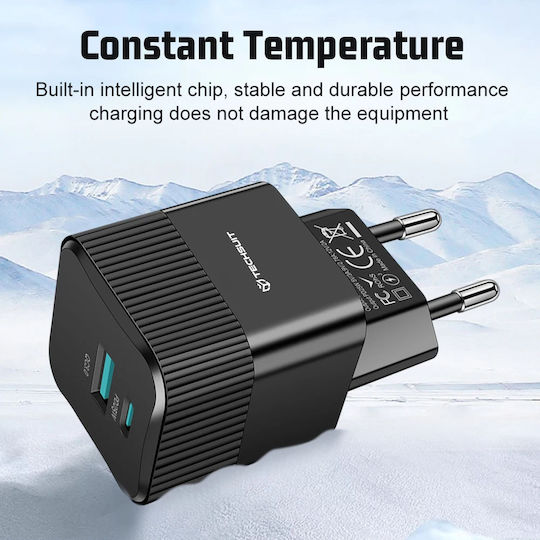 Techsuit Charger Without Cable GaN with USB-A Port and USB-C Port 25W Power Delivery / Quick Charge 3.0 Whites (CHPD216)