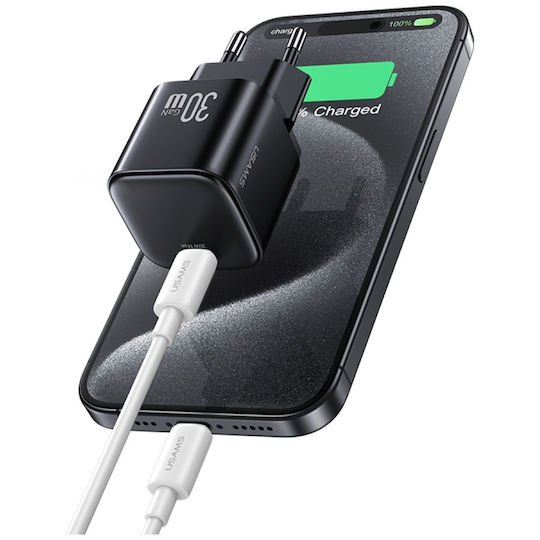 Usams Charger GaN with USB-C Port and Cable USB-C - Lightning 30W Power Delivery Whites (CC262)