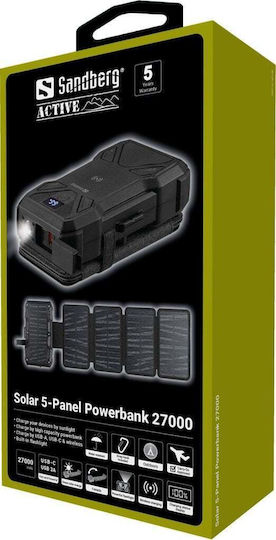 Sandberg 5-Panel Solar Power Bank 27000mAh with 2 USB-A Ports and USB-C Port Black