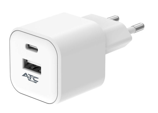 ATC Ladegerät ohne Kabel mit USB-A Anschluss und USB-C Anschluss 12W Stromlieferung Weißs (ATC-CH10)