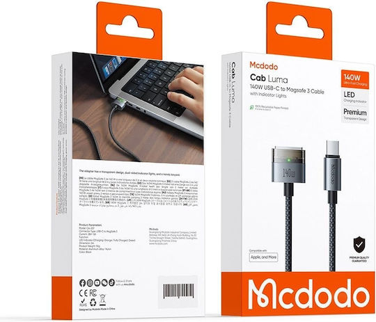 Mcdodo Магнитен / LED USB 2.0 Кабел USB-C мъжки - Magsafe 3 140W Черен 2м