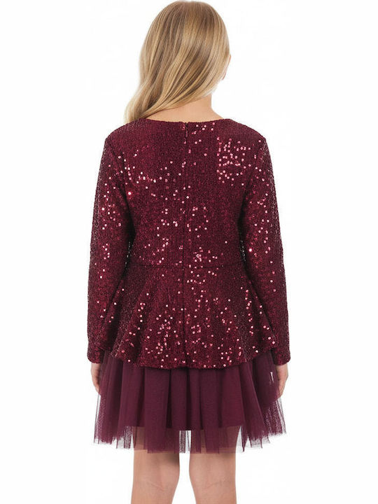 Kids Dress Long Sleeve with Burgundy Sequins