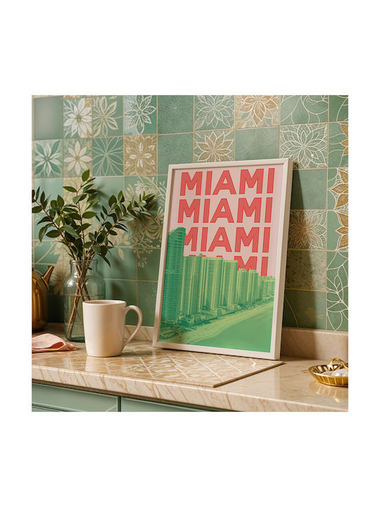 Poster Miami Pop Art Pst25506 30cm X 40cm Κορνίζα Φυσικό Ξύλου Μπεζ