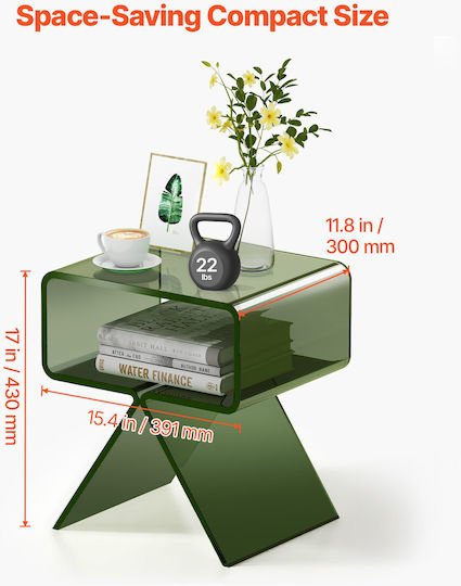 Square Side Table Glass Transparent Green L30xW39.1xH43cm.