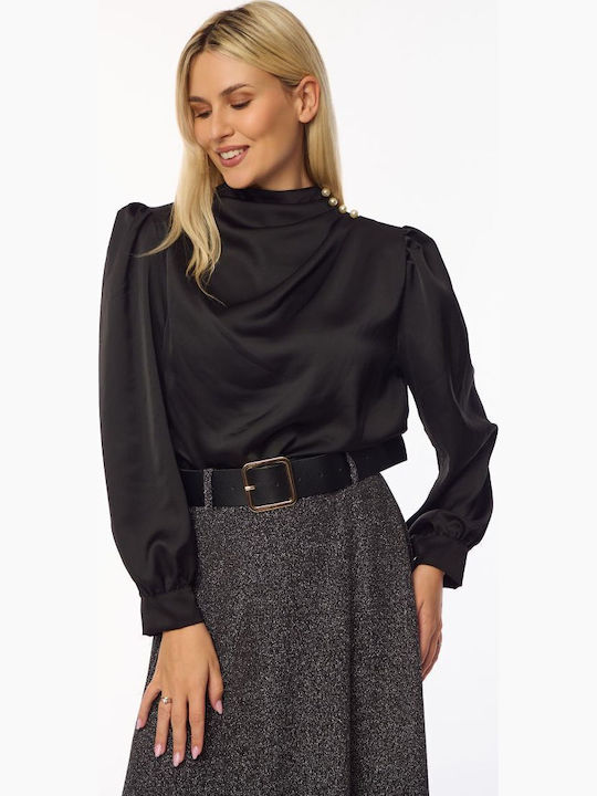 Damen Satin Bluse Langärmelig Black