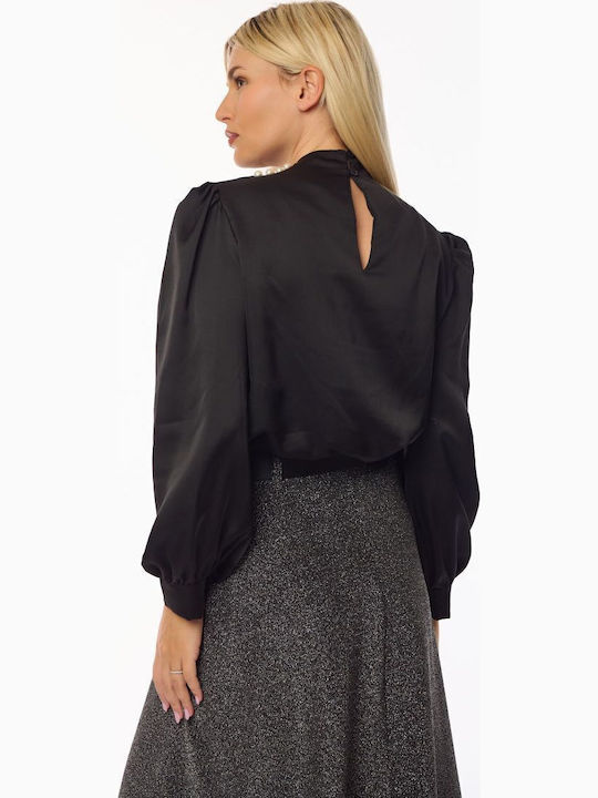 Damen Satin Bluse Langärmelig Black