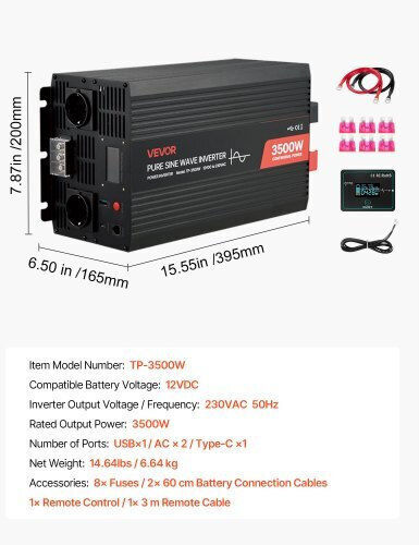 Vevor Car Inverter Pure Sinewave 3500W to Converter 12V DC in 230V AC