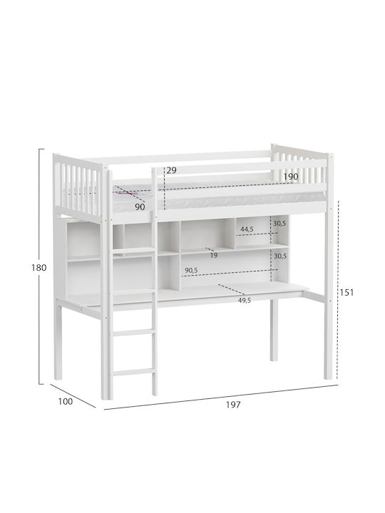 Libro Pat pentru Copii Cușeta Single cu Birou Alb pentru Saltea 90x190cm