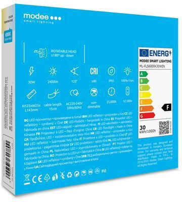 Modee Lighting Waterproof LED Floodlight 30W Cold White 6000K IP65