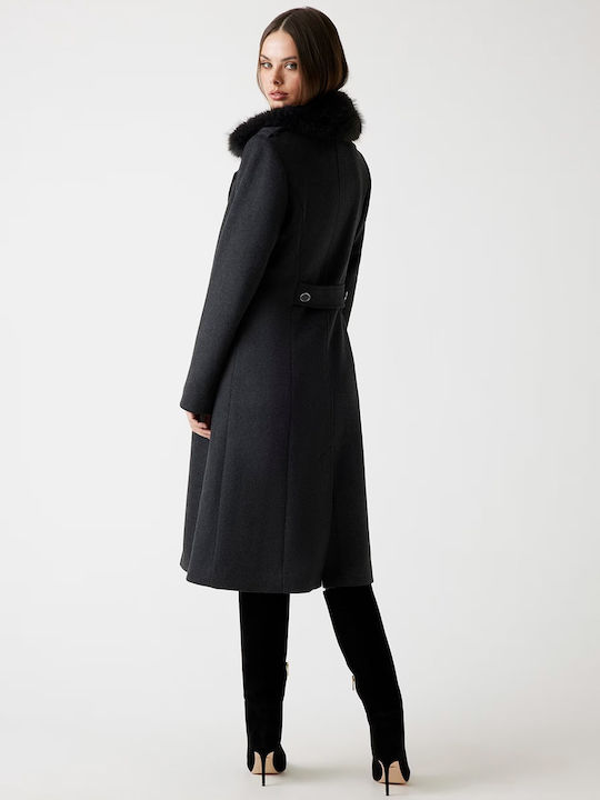 Wool Women's Black Coat with Fur Details