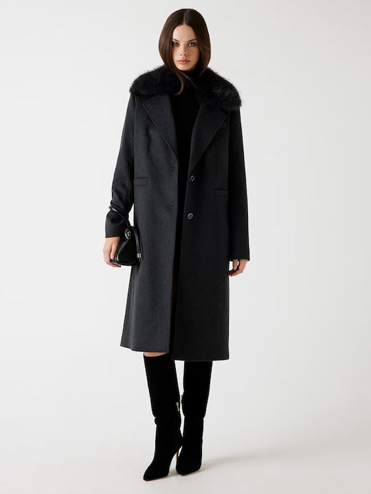 Wool Women's Black Coat with Fur Details