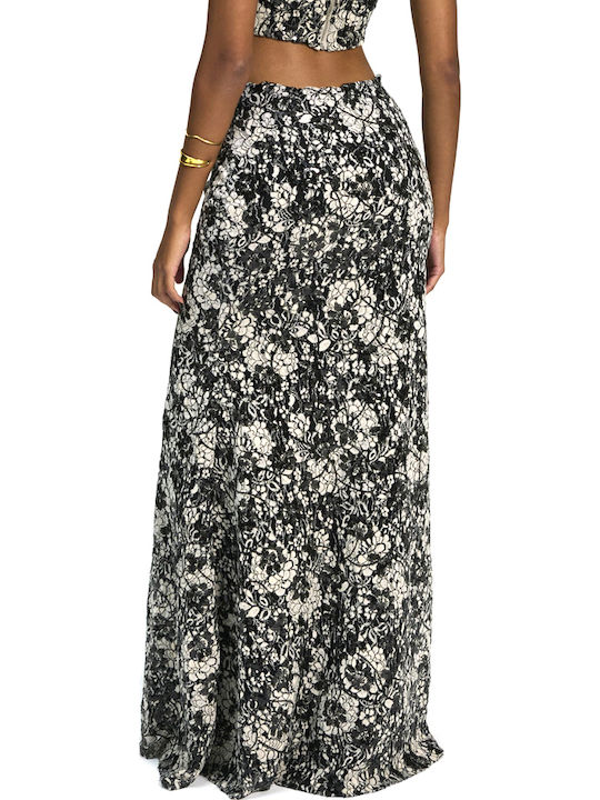 Project Soma Hochtailliert Maxi Rock Cloche Blumen White-Black Project Soma Hochtailliert Maxi Rock Cloche Blumen White-Black