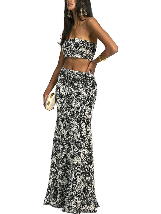 High-waisted Maxi Skirt Cloche Floral White-Black