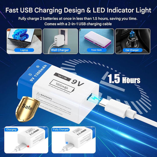 Set 4 Baterii Reîncărcabile Usb-c 9v 1300 Mah Mărime Standard Detectoare de Fum Microfoane Wireless Dispozitive Iluminat Led Mai Multe