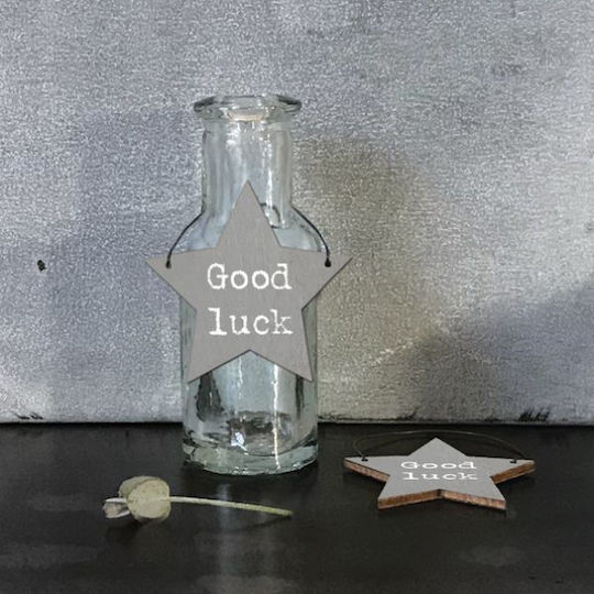 Synchronia Hanging Wall Decor Star with Good Luck Message Gray Wooden 3x0.5x6cm