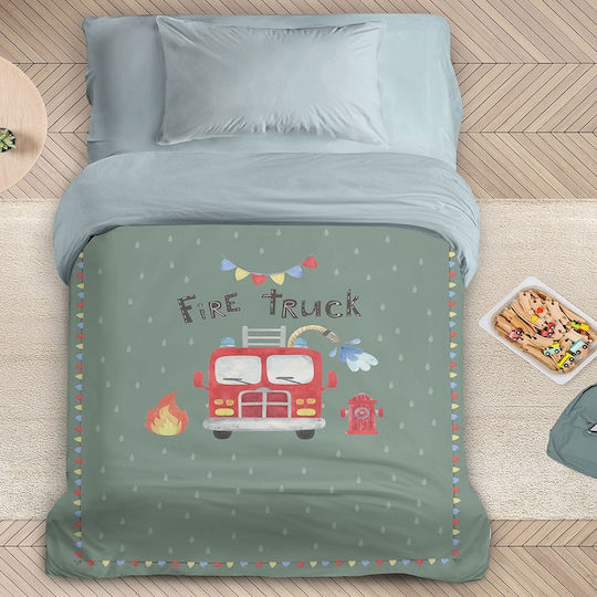 Nima Kids Duvet Single with Microfiber Filling Fire Truck Green 160x240cm Nima Kids Duvet Single with Microfiber Filling Fire Truck Green 160x240cm