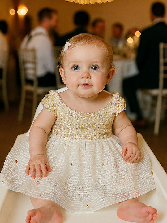 Short Sleeve Girls Dress with Lace for Flower Girl Ecru