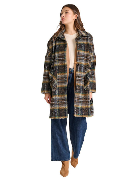 Wool Women's Checked Brown Coat Oversized with Buttons