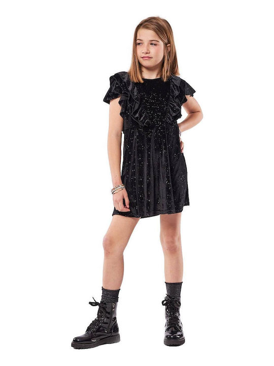 Children's Dress Short Sleeve Velvet Set with Accessories Black