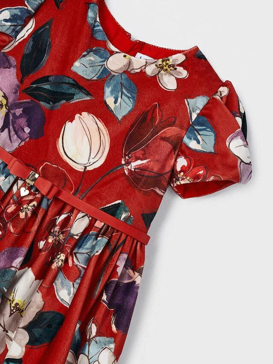 Children's Dress Short Sleeve Velvet Floral Red