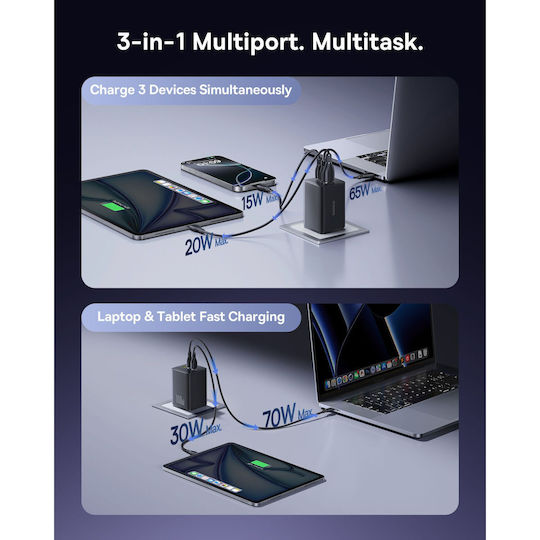 Baseus Φορτιστής Χωρίς Καλώδιο GaN με Θύρα USB-A και 2 Θύρες USB-C 100W Power Delivery / Quick Charge 3.0 Μαύρος (EnerFill FE11)