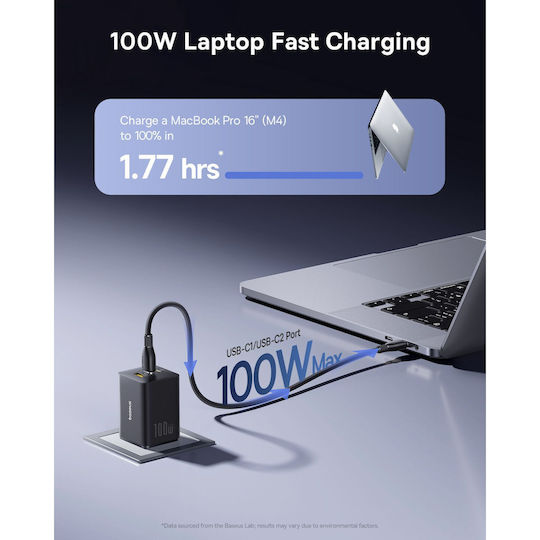 Baseus Φορτιστής Χωρίς Καλώδιο GaN με Θύρα USB-A και 2 Θύρες USB-C 100W Power Delivery / Quick Charge 3.0 Μαύρος (EnerFill FE11)
