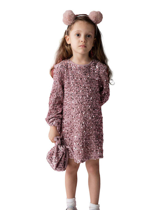 Children's Dress Long Sleeve with Sequins Set with Accessories Pink