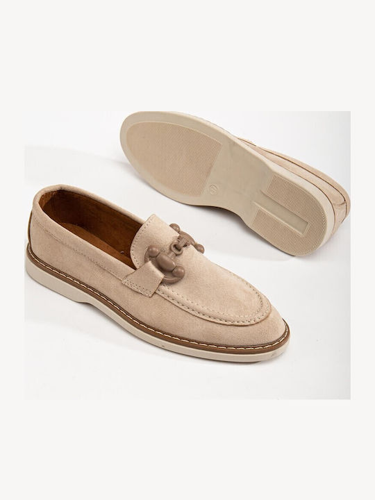 Leather Women's Loafers in Beige Color