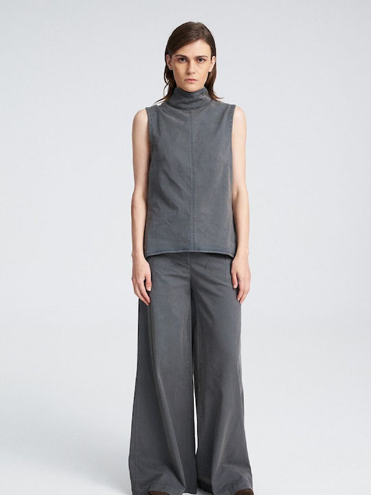 Women's Blouse Cotton Sleeveless with Zipper Grey