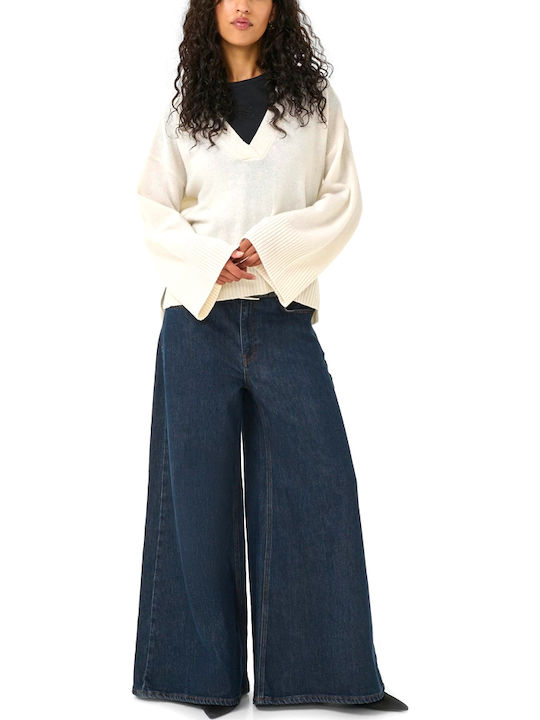 Women's Long Sleeve Sweater Woolen with V Neckline Ecru