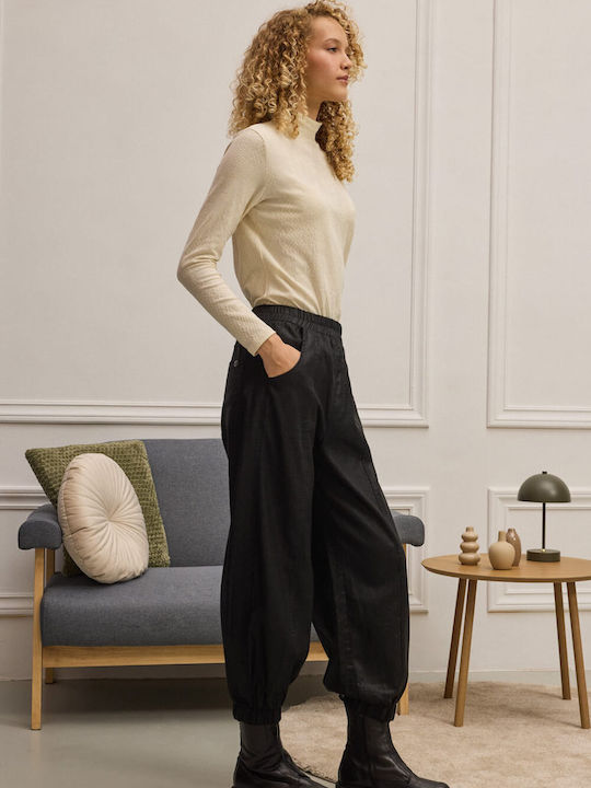 Women's High-waisted Fabric Trousers with Elastic Black