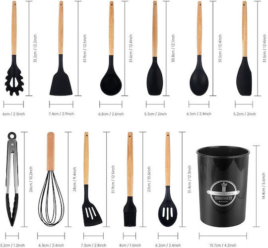 Silicone Cooking Utensil Set with Base Black 12pcs