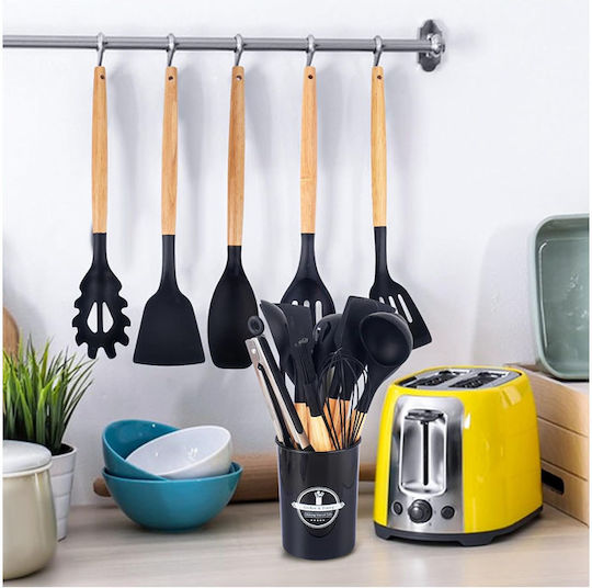 Silicone Cooking Utensil Set with Base Black 12pcs