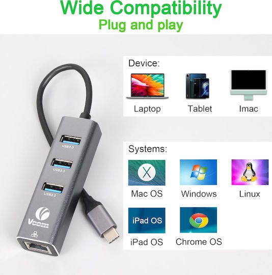 Vcom Dh311b Docking Station Usb-c To 3x Usb-a 1x Rj45 Gray