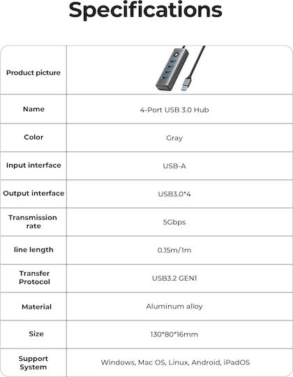 Orico Hub 4 Θυρών USB 3.0 με σύνδεση USB-A Γκρι