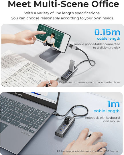 Orico Hub 4 Θυρών USB 3.0 με σύνδεση USB-A Γκρι