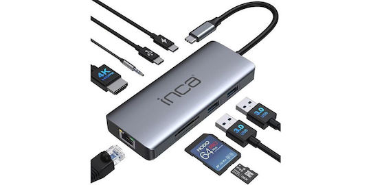 Inca USB-C Docking Station with DisplayPort 4K PD Ethernet and Support for 2 Monitors Gray (ITPC-10TX)