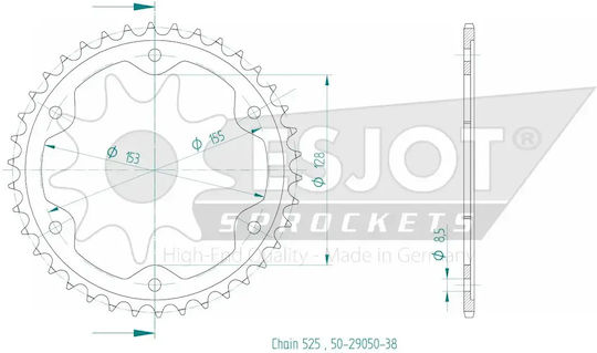 Esjot Pinion Spate Oțel 525 Negru 38 Dinți 50-29050-38