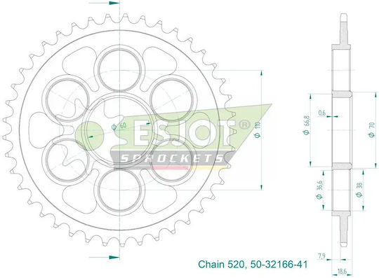 Esjot Pinion Spate Oțel 520 Placă De Zinc 41 Dinți 50-32166-41