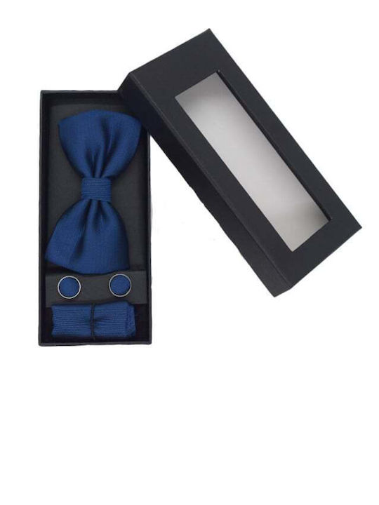 Set 3 Elegant Pieces Men Bow Tie Cufflinks Fabric Pocket Square Blue Eg013