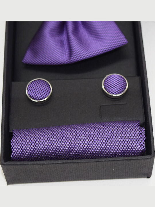 3-teiliger Eleganter Set Herren Fliegen Manschettenknöpfe Einstecktuch Aus Stoff Lila Eg011